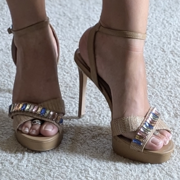 BCBGeneration Tan Heels with Multicolor Embellishments
